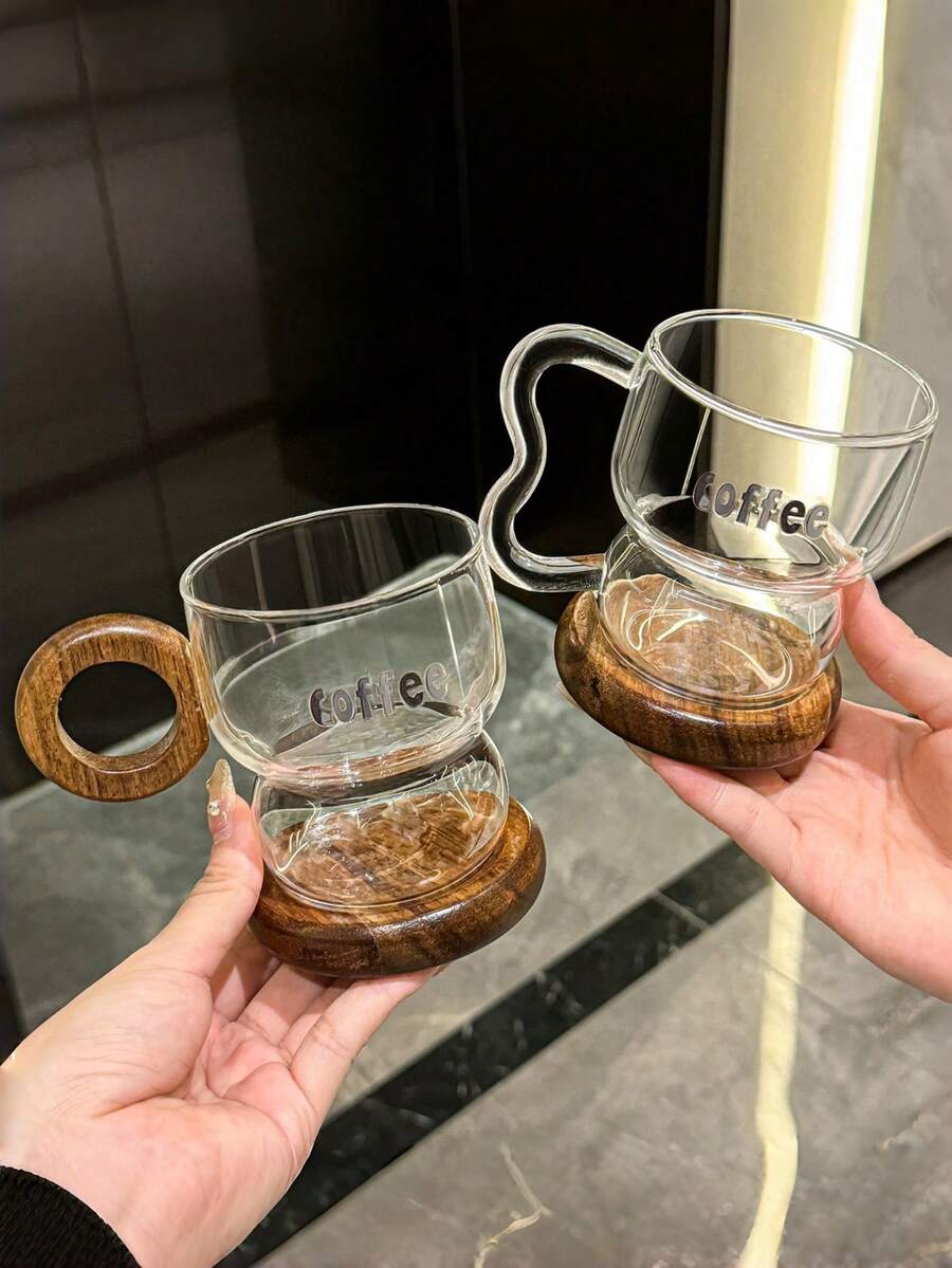 1 Set 350ml Walnut Handle Mug, Modern Minimalist Coffee Cup (With Walnut Coaster), Suitable For Drinking Water, Milk, Oatmeal, Tea, Juice, Breakfast, Coffee, Beverages, Applicable For Cafe, Home, Restaurant, Party, Office, Gift For Boyfriend, Girlfriend, Family, Teacher, Colleague - Multicolor - View 1