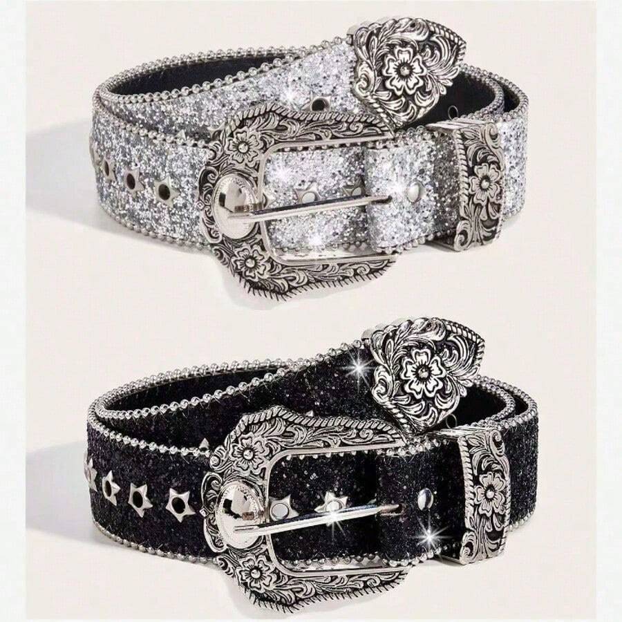 Grunge Punk 1pc Women's Y2k Style Western Chunky Waist Belt With Dopamine Star & Eye Decor, Perfect For Daily Wear Party - 黑色 - 查看 1