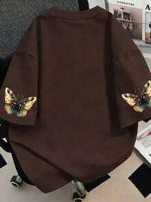 大尺碼女款圓領花卉蝴蝶印花休閒百搭日常出遊短袖T恤夏季 - 咖啡棕 - 查看 2