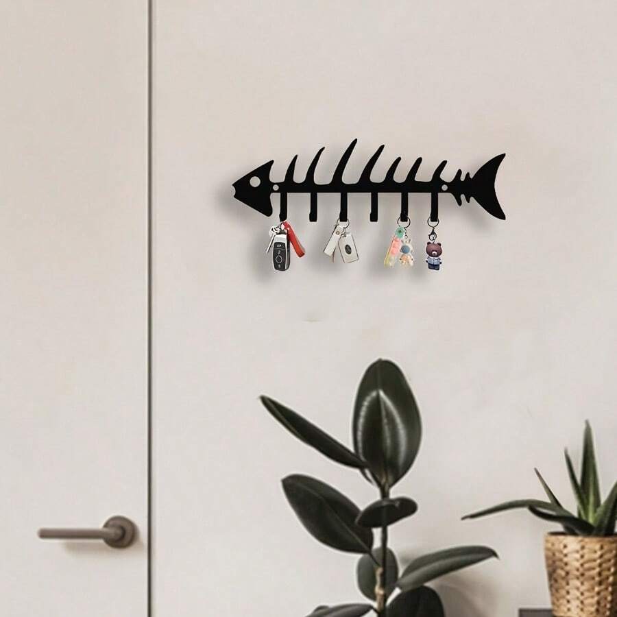 Ganchos de pared de metal con diseño de esqueleto de halibut para un almacenamiento elegante de llaves y organización del pasillo, decoración de pared industrial moderna para entradas, salas de estar, dormitorios y cocinas, soporte duradero de metal para llaves, acento de pared ahorrativo de espacio, solución funcional de organización del hogar, accesorio favorito como regalo para interiores contemporáneos - Negro - Ver 1