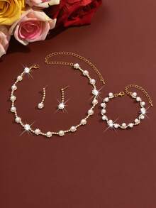 1 Set Pearl & Crystal Jewelry Set, Shiny Faux Pearl + Full Rhinestone Encrusted, Copper Material, Bridal Bridesmaid Wedding Accessories, Anniversary Gift - 621747 Pearl Set - View 7