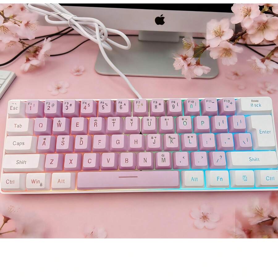 61-Key  Membrane Keyboard With RGB Backlit, USB Wired Gaming Keyboard, Soft Typing For Office & PC - Mauve Purple - View 1