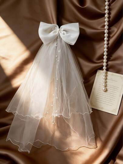 1件装女童双层大蝴蝶结珍珠发箍，婚礼伴娘生日派对发饰