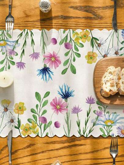 قطعة واحدة من طاولة الجري المزخرفة بنمط الزهور الملونة من الأقحوان والأوكالبتوس والخزامى، ديكور مثالي للمطبخ والطاولة في فصل الربيع، ديكور حفلات المنزل، مناسب للاحتفالات أو كتزيين لطاولة المطبخ أو غرفة الطعام