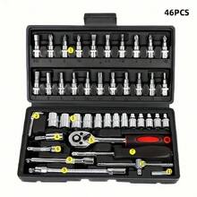 46pcs Automotive Repair Tool Kit With 1/4" Drive Ratchet Wrench - Chrome Vanadium Steel, Manual Bicycle And Car Maintenance Set - 46-piece Set - Black - View 7