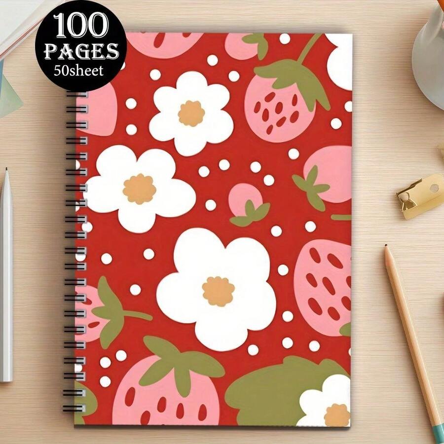 1pc Blank Coil Notebook, A5 Size,100-Page , Vibrant Cover Design With Strawberry & Floral Patterns, Thick Paper Quality For Writing And Journaling - F - View 1