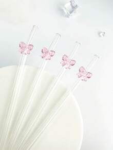 2/4pcs Glass Straws With Cleaning Brush, Reusable Drinking Straws With Bow Decor, Anti-Drop & Bend Transparent Glass Straws, Suitable For Iced Coffee - View 2