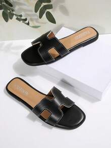 Women's Minimalist H-Shaped Flat Slide Sandals, Casual Open Toe Slip On Leather-Like Slippers For Office Daily Wear - màu đen - Xem 3