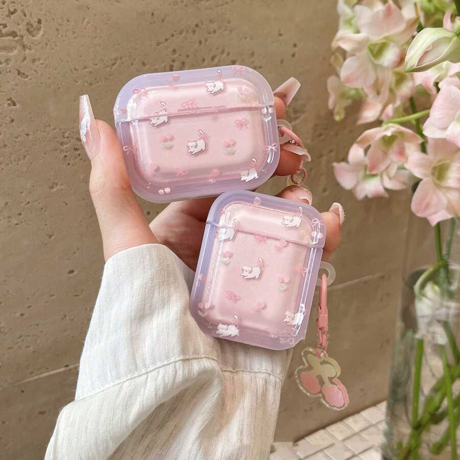 Gradient Flower Bow Cat Design Protective Case, Suitable Compatible With Apple , Anti-Scratch And Drop Protection - Clear - View 1