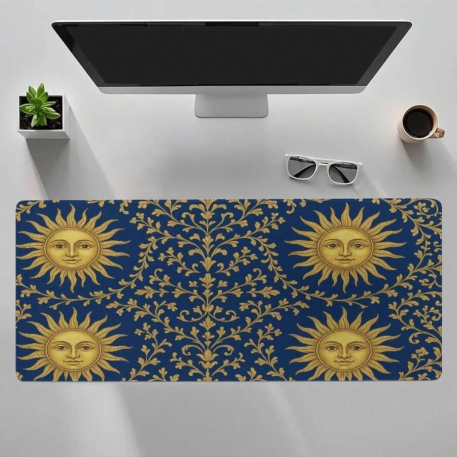 1PC Large Sun-Patterned Mouse Pad - A Non-Slip Rubber Desk Mat Suitable For Both Gaming And Office Use, Featuring A Stylish Blue And Gold Floral Design. It Is Washable And Ideal For PC, Laptop, And Keyboard Setups. Office Desk Accessories Desk Accessories Office Supplies Office Accessories Mousepad Study Table Mouse Pad For Desk Desk Decor - A - View 1