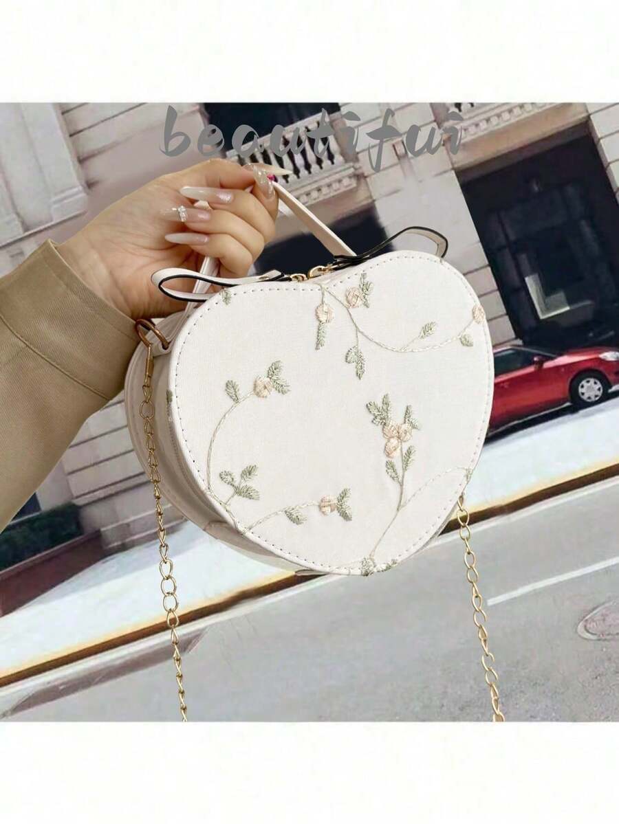 Lace Heart Shape Crossbody Bag, Ladylike Embroidered Shoulder Handbag , New Year - White - View 1