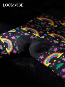 1 Pair Mid-Calf Socks - Black With Colorful Rainbow, Star, Heart Prints, Vibrant And Fun Design, Suitable For Everyday Wear, Adding A Casual And Lively Vibe To Your Outfit - Multicolor - View 6