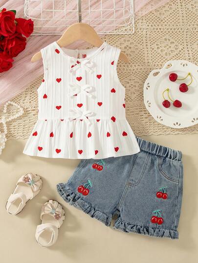 少女户外甜美礼物，宽松无袖蝴蝶结背心，牛仔布3D刺绣，荷叶边宽松短裤，不含腰带