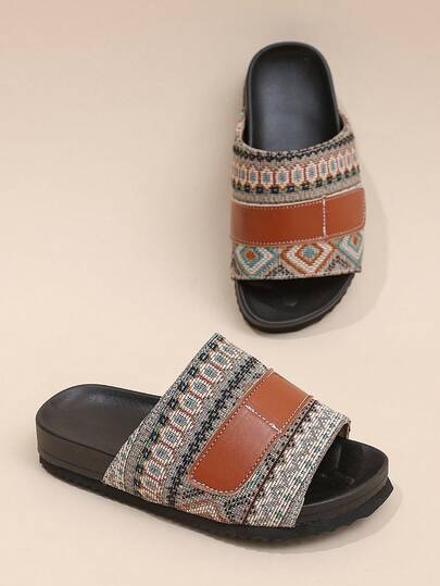 1 Đôi dép trẻ em kiểu retro họa tiết hình học, chất liệu vải jacquard phối da PU thoáng khí, quai sau dày, đế chắc chắn, thích hợp đi chơi ngoài trời/bãi biển/khu nghỉ dưỡng/ở nhà/hàng ngày, kiểu Simiya.