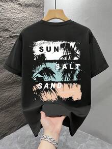 男士印花T恤，沙滩夏季穿着，宽松短袖T恤 - 黑色 - 查看 2