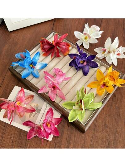 仿真兰花发夹，女士款 - 9色人造兰花发卡，波西米亚风花朵发夹，适合婚礼、度假、日常佩戴，波西米亚风发饰