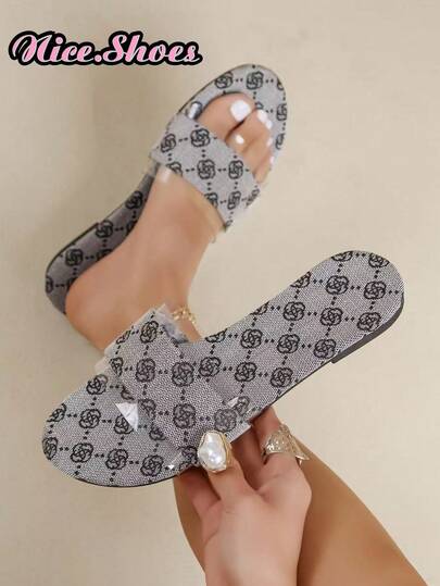 Women's Round Toe Classic All-Over Print Transparent Strap Flat Sandals, Luxurious Retro Style Suitable For Daily Commute, Shopping, Vacation, Casual Wear, Khaki Round Toe Classic All-Over Print Transparent Strap Flat Sandals, Gray Round Toe Classic All-Over Print Transparent Strap Flat Sandals