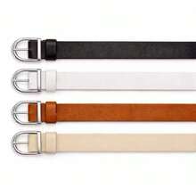 Set Of 4 Women's Thin Belts, 1.5cm Wide, Colors: Black/White/Caramel/Leopard Print, Silver Buckle, Fashion Blogger Style - Ana - 彩色 - 查看 5