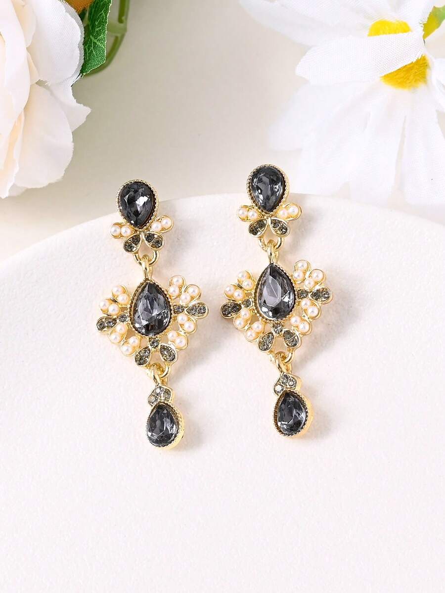 一对法式优雅高端水钻仿珍珠心形水滴流苏耳环，时尚奢华耳环，适合女性日常、派对、婚礼、节日佩戴。 - 耳環 - 查看 1