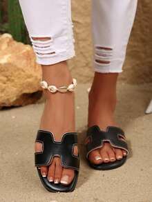 Women's Minimalist H-Shaped Flat Slide Sandals, Casual Open Toe Slip On Leather-Like Slippers For Office Daily Wear - màu đen - Xem 6