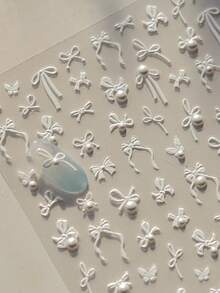 1pc 2025 Spring Festival White Bow Nail Stickers 5D Mixed Luxury Crystal Pearl Tape Self Adhesive Nail Art Decoration Stickers Stickers DIY Nails Nail Supplies - 白色 - 查看 1