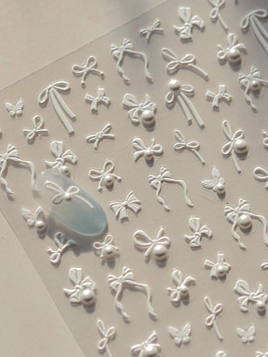 1pc 2025 Spring Festival White Bow Nail Stickers 5D Mixed Luxury Crystal Pearl Tape Self Adhesive Nail Art Decoration Stickers Stickers DIY Nails Nail Supplies - 白色 - 查看 1