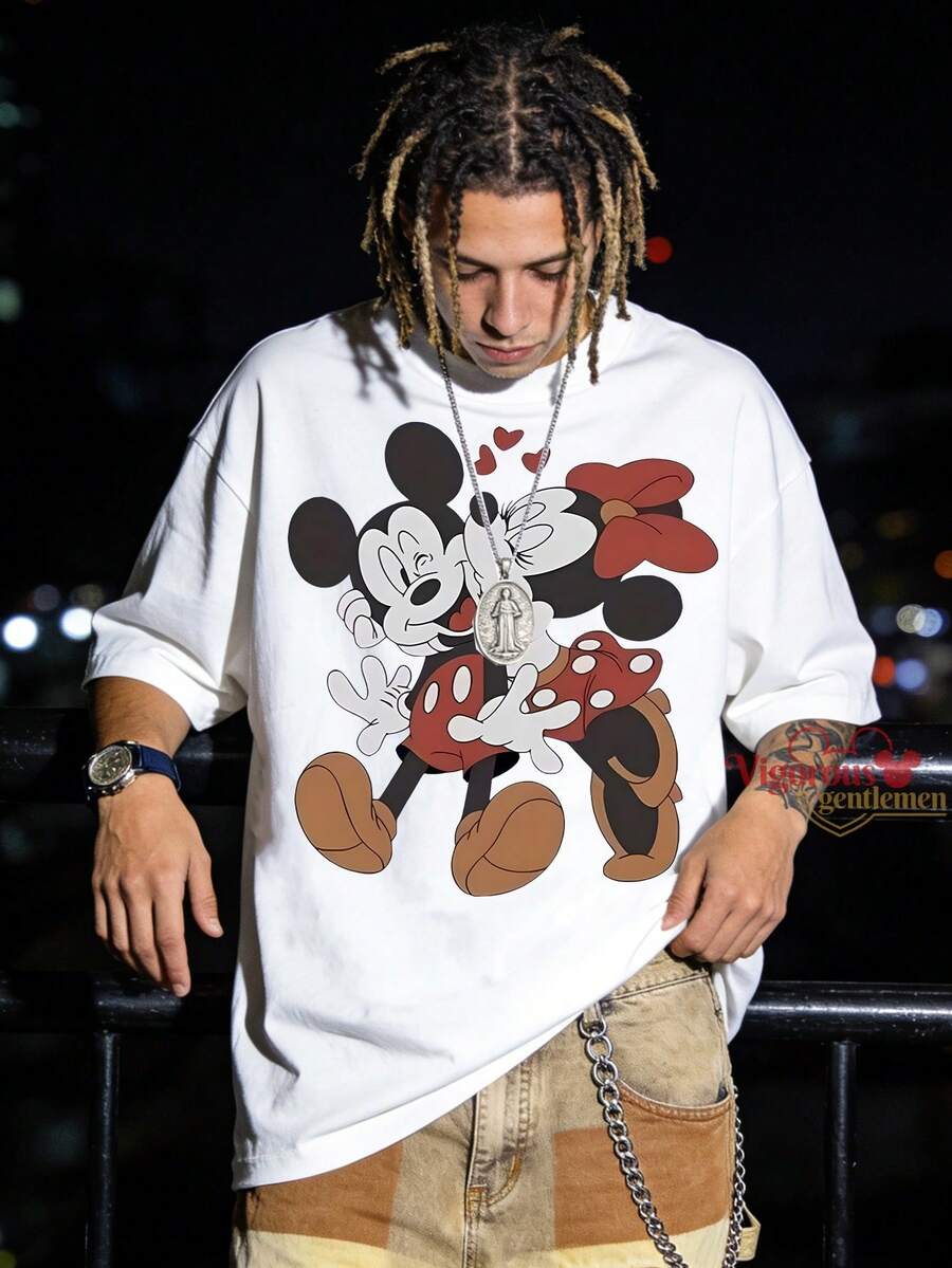 Disney Sweet & Cool & Kiss Print Short Sleeve Couple Loose Cotton T-Shirt - 白色 - 查看 1