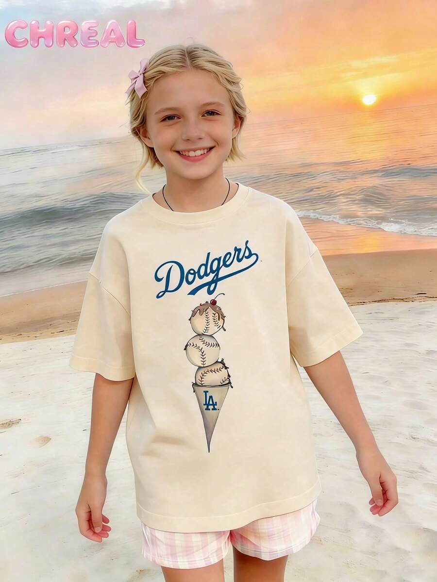 Girls' Baseball Ice Cream Fun Pattern Print T-Shirt , Suitable For School Season, And Daily Wear, Ideal For Children Of All Ages, The Best Gift For Kids. - 杏色 - 查看 1