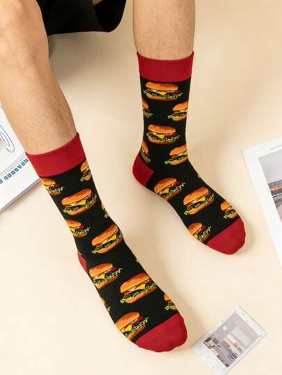 1 par de calcetines negros de media caña para hombres, con bloques de color negro y rojo, calcetines novedosos inspirados en la hamburguesa americana, adecuados para el hogar, el transporte, las fiestas, los deportes, la escuela y los regalos festivos
