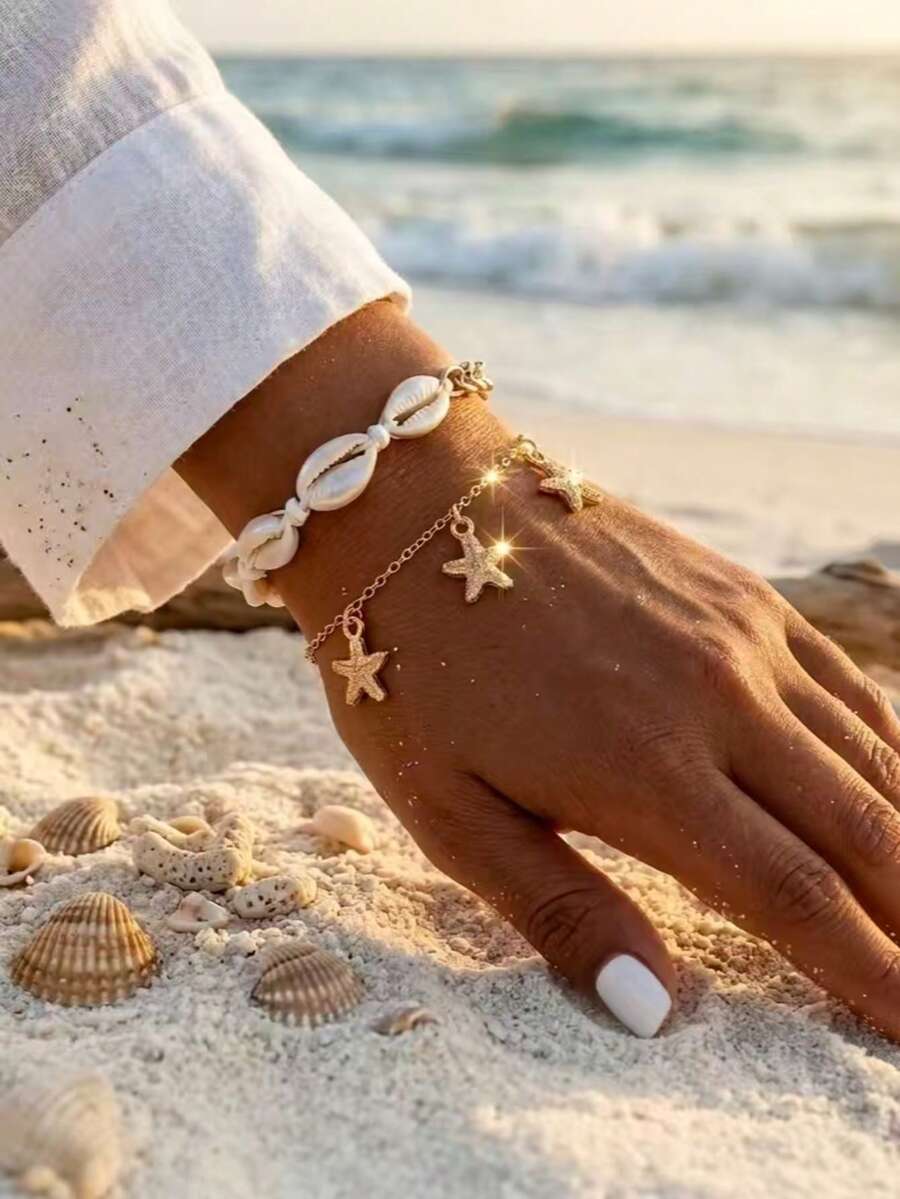 2件套波西米亚风海滩贝壳和海星吊坠手链套装，金色链条叠戴手链，女士夏季度假饰品 - 金色 - 查看 1