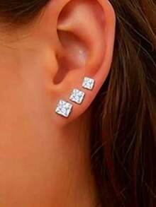 1 Đôi Khuyên Tai Hình Vuông Đính Đá Cubic Zirconia, Khuyên Tai Kẹp Sụn Bạc Mềm, Khuyên Tai Thép Titan Lấp Lánh Tối Giản Thanh Lịch, Quà Tặng Ngày Lễ Cho Cả Nam và Nữ - Bạc - Xem 2