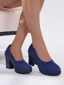Women's Classic Chunky High Heels, Round Toe Design, Premium Material, Ultra High Heel, Slip-On - Blue - View 5