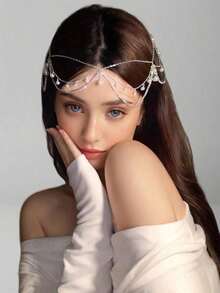 1pc Silver Pearl & Cubic Zirconia Claw Chain Tassel Headchain, Minimalist & Elegant Style Bridal Hair Accessory,Wedding Hair Accessories - 白色 - 查看 5