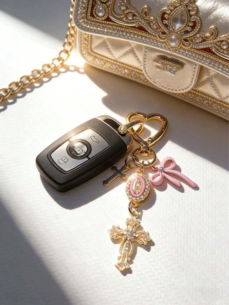 Religious Cross Keychain, Decorated With Religious Love And Crystal Cross, Bag Charm, Bag Amulet, Pearl And Diamond - Cross Keychain, Bag Accessory, Cross Pendant, Wallet, Backpack Accessory, Earphone Case Accessory - Multicolor - View 1