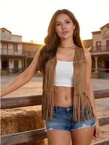 [Vintage Chic Vest] Women's Fringe Vest 60s 70s Hippie Costume Outfits,Solid Color Tassel Vest Jacket  Sleeveless Cardigan Cowgirl Western Tops | Faux Suede Appearance, Tassel Details, All-Season Casual, Stylish, Comfortable And Versatile - 棕色 - 查看 2