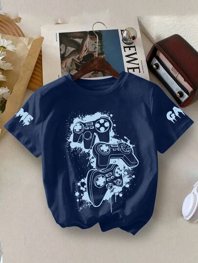 1pc Boys' Casual Video Game Controller Print Round Neck Short Sleeve T-Shirt, Summer Student Teenager Clothing