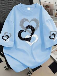 Camiseta casual de mujer de talla grande con estampado de corazón, de verano - Celeste - Ver 1
