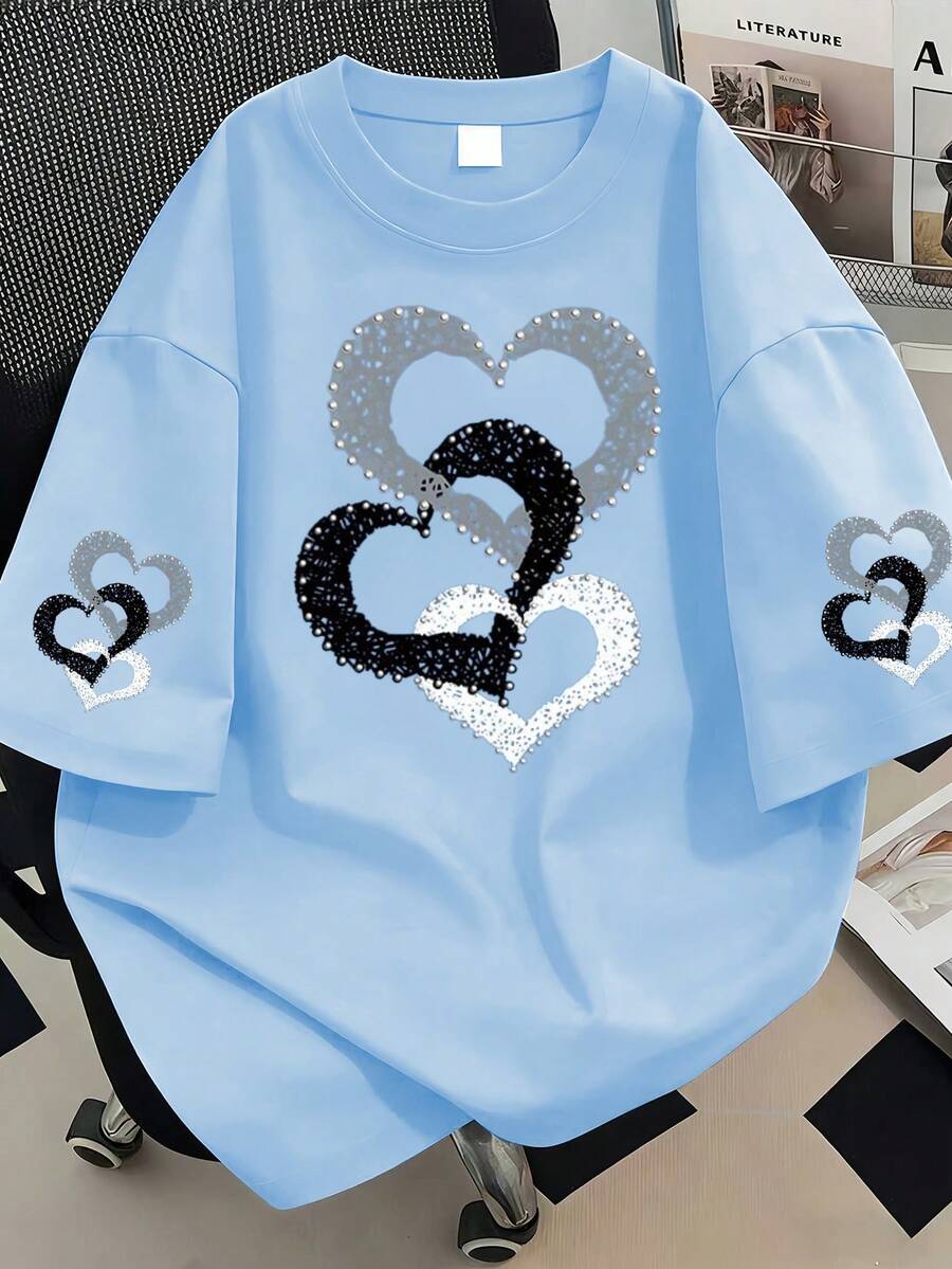 Camiseta casual de mujer de talla grande con estampado de corazón, de verano - Celeste - Ver 1