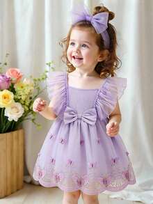 Đầm công chúa chữ A lưới cổ vuông viền bèo nhún dễ thương cho bé gái, thời trang đa năng ngọt ngào, thích hợp mặc hàng ngày, dự tiệc, đi chơi, xuân/hè - Màu tím - Xem 4