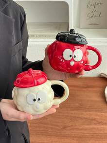 1pc Creative Cute Mug, High-Quality Ceramic Cup With Lid, Suitable For Home, Couples, Office, Latte Art Coffee Cup - Multicolor - View 5