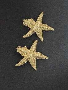 2 piezas Clips de pelo de lujo con estilo oceánico de aleación, estrella de mar, concha, grandes accesorios para el cabello con textura acanalada de vieira - Multicolor - Ver 8