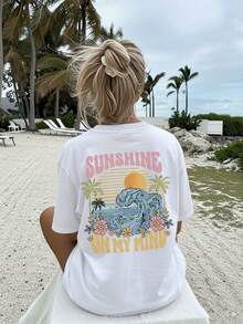 Women's Spring/Summer Plus-Size Crew Neck Pure Cotton Short-Sleeve T-Shirt - Relaxed Fit, Sizes M–5XL.- (Retro Waves And Palm Tree Pattern), Printed With The Lettering "SUNSHINE ON MY MIND"-Ideal For Daily Wear, Holiday Gifting, And Social Gatherings. - 白色 - 查看 3