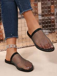 1 Pair Women's Mesh Slide Sandals, Fishnet Flat Sandals With Sequin & Rhinestone Decor, Lightweight Breathable Slip-On Mule Sandals, Hollow Design, Comfortable Beach Casual Shoes - Black - View 6