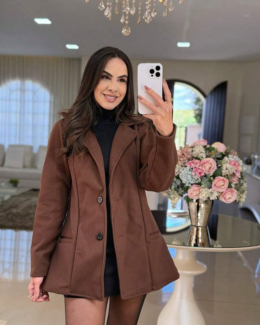 Elegant Formal Wool Blazer Coat - Rust Brown - View 1