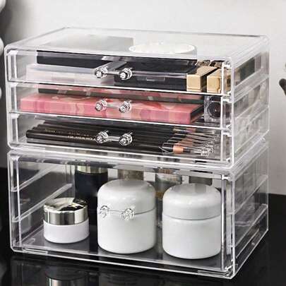1 hộp đựng mỹ phẩm nhiều tầng cỡ lớn bằng acrylic, kiểu ngăn kéo, dùng để đựng son môi, son bóng, hoặc để bàn.