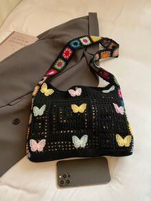 Dedoo Vintage Hollow Floral Contrast Color Casual Crossbody Bag (Flower Position Random)(Strap Color/Pattern Random) - Black - View 7