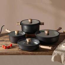 Bộ nồi chảo chống dính màu đen chất lượng cao, bao gồm nồi, chảo rán, nồi nấu nước sốt và chảo rán, phù hợp với bếp từ và tất cả các loại bếp. Bộ chảo rán chống dính này có thể dùng để làm bánh kếp, chiên trứng, chiên bít tết và nhiều món khác. - Xem 7