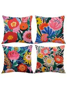 4件套 45x45厘米 彩色花卉笔触桃皮绒皮革抱枕套 四件套 汽车靠垫套 客厅沙发卧室抱枕 床头靠背抱枕套 家居装饰抱枕 无内芯 双面印花 - 玫瑰紅 - 查看 8