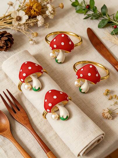 12pcs Gold Mushroom Napkin Rings, Cute Enamel Colorful Mushroom Tabletop Decor, Matching 17.7in*17.7in White Napkins, Suitable For Room Decor, Dining Table Decor, Home Decor, Party Decor, Suitable For Holidays, Parties, Gatherings, Birthdays, Weddings, Gifts, Dinners, Outdoor, Picnics