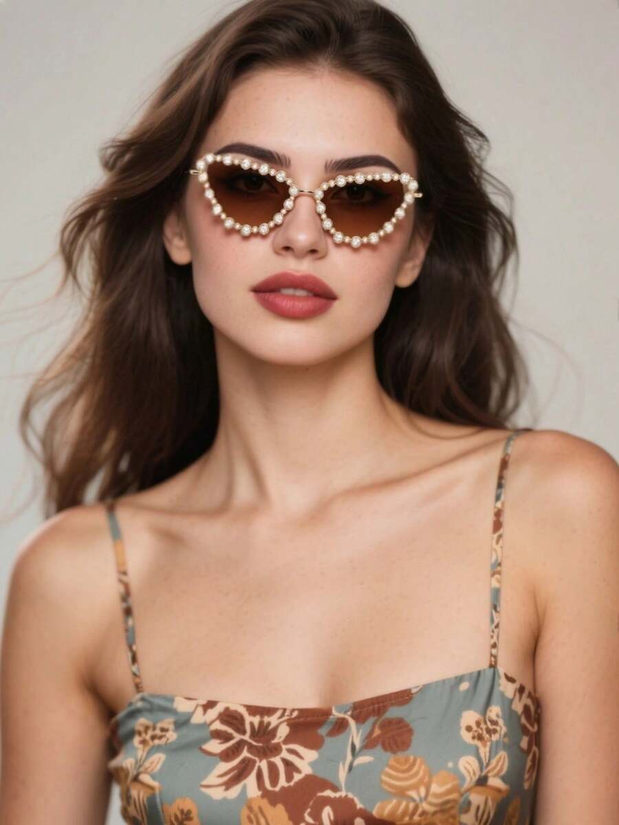 1副女士时尚新款金属猫眼眼镜，奢华水钻个性化街头风，日常派对沙滩驾驶防紫外线 - 彩色 - 查看 1